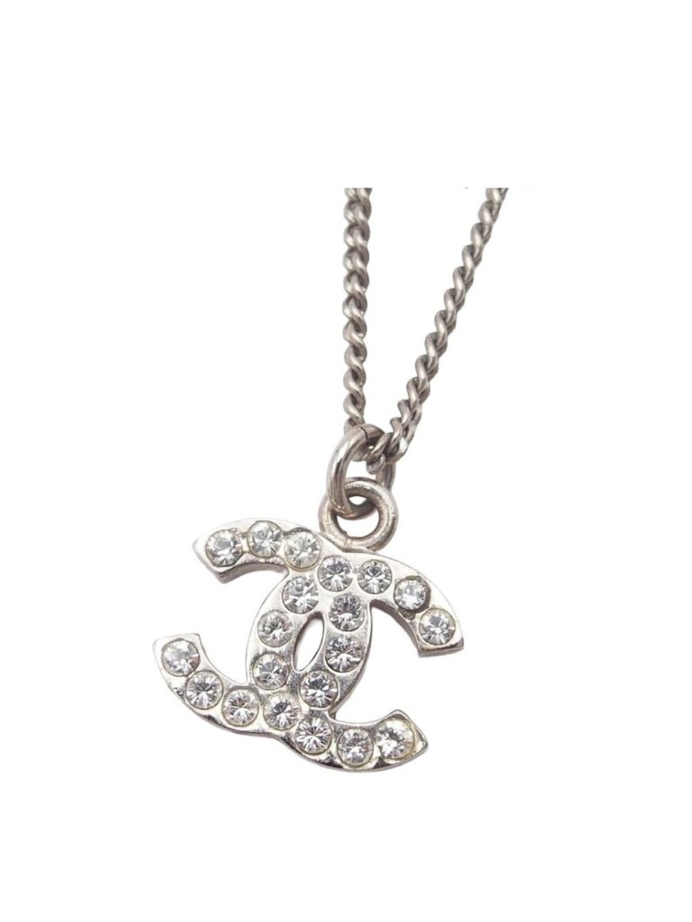 Chanel Necklace CC Logo Silver Metal Rhinestone